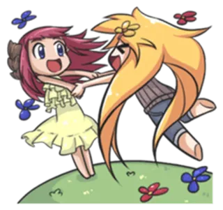 😝 อนิเมะ, มิตรภาพ, เต้นรำ, การ์ตูน, ตัวละคร, ดอกไม้, มีความสุข, สนุกสนาน telegram sticker