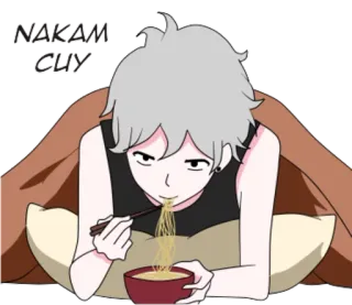 🍜 NAKAM CUY comendo, ramen, cama, estilo anime telegram sticker
