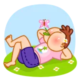 😌 dibujo animado, niño, mariposa, acostado, lindo, relajante, hierba, flores telegram sticker