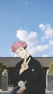 ✌️ アニメ, 男性キャラクター, 空, ピースサイン, 建物 telegram sticker