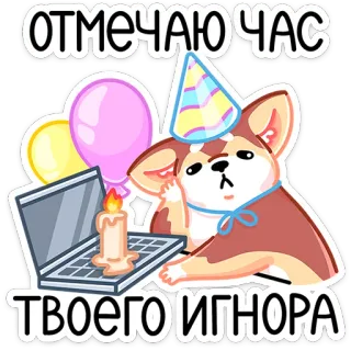 🥳 ОТМЕЧАЮ ЧАС ТВОЕГО ИГНОРА 강아지, 생일, 파티, 풍선, 노트북, 축하 telegram sticker