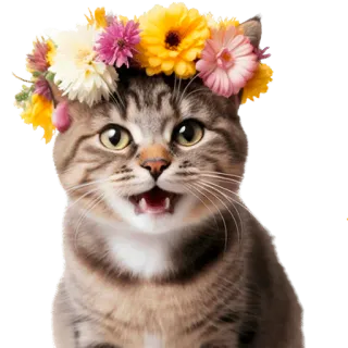 😀 gato, coroa de flores, animal, animal de estimação, fofo, gatinho, flores telegram sticker