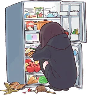 😪 koelkast, eten, verdrietig, illustratie, cartoon, meisje whatsapp sticker
