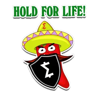 🏦 HOLD FOR LIFE! chili pepper, sombrero, cartoon, mascot, shield, mexican, red pepper telegram sticker