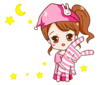 👎 Desenho animado, Pijama, Estrelas, Lua, Noite, Menina whatsapp sticker