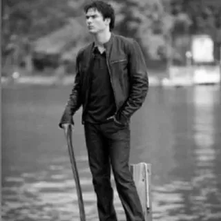 ▪️ Damon Salvatore The Vampire Diaries Mężczyzna, Jezioro, Kurtka, Czarno-białe, Poważny, Ian Somerhalder telegram sticker