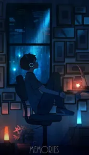 🎧 MEMORIES recuerdos, auriculares, noche, chico, ventana, lluvia telegram sticker