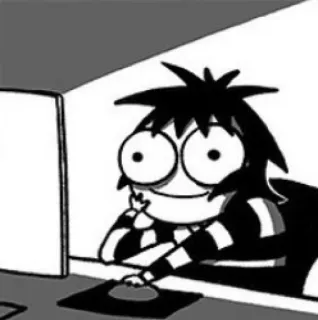 🙂 desenho animado, meme, menina, computador, internet, digitando, preto e branco whatsapp sticker