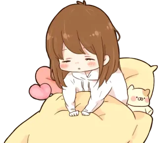 🥱 lindo, dibujos animados, dormilón, chica, cama, kawaii, corazón whatsapp sticker