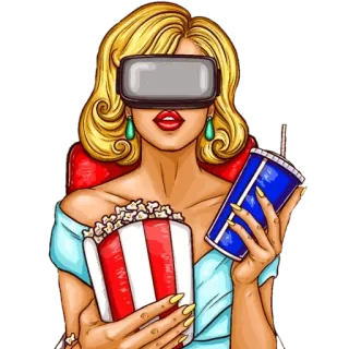 🍿 femme, VR, pop-corn, soda, film, divertissement, réalité virtuelle telegram sticker