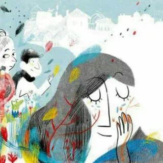 😌 sadness, emotions, illustration, woman, tearful whatsapp sticker