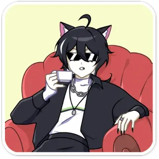 😎 アニメ, 猫耳, リラックス, お茶, 赤い椅子, サングラス telegram sticker