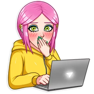 😳 cartoon, laptop, pink hair, embarrassed, female, woman telegram sticker