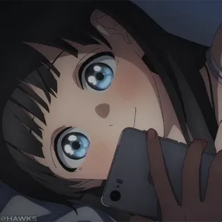 🎐 anime, ragazza, telefono, sorridente, cartone animato, arte digitale, occhi telegram sticker