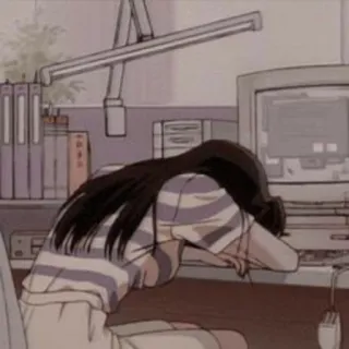 😑 Anime, Thẩm mỹ, Retro, Máy tính, Buồn, Cô gái, Mệt mỏi, Màn hình nền telegram sticker
