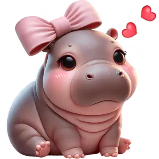 😍 hipopotam, słodki, zwierzę, kreskówka, małe zwierzę, różowy, kokarda, kawaii telegram sticker