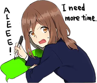 🖊️ ALEEE
I need
more time. chica anime, estresado/a, plazo, más tiempo, angustia whatsapp sticker