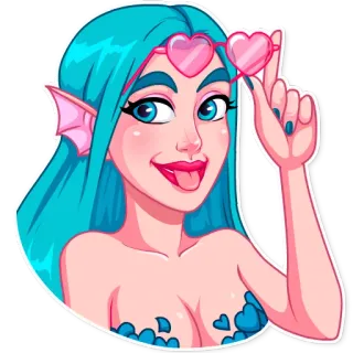 👅 Meerjungfrau, Cartoon, Herz, blaue Haare, Fantasy telegram sticker