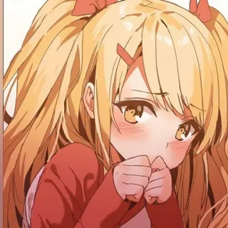 😊 Garota anime, Desenho animado, Fofa, Cabelo loiro, Laço vermelho, Corando, Kawaii telegram sticker