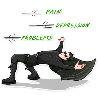 💪 Neo The Matrix PAIN
DEPRESSION
PROBLEMS เดอะเมทริกซ์, นีโอ, ปัญหา, ความเจ็บปวด, ภาวะซึมเศร้า, ภาพยนตร์, ตัวละคร telegram sticker