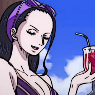 📜 Nico Robin One Piece 动漫, 海贼王, 妮可·罗宾, 泳衣, 夏天, 卡通, 沙滩, 饮料 telegram sticker