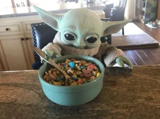 🦎 Baby Yoda Baby Yoda, The Mandalorian, comida, cereal, cuchara, Grogu telegram sticker