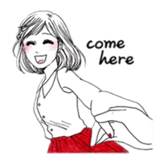 😄 Frau, lächelnd, Cartoon, Zeichnung, glücklich, roter Rock, Pose telegram sticker