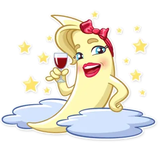 🌛 Mond, Wein, Sterne, Cartoon, Süß, Feminin telegram sticker