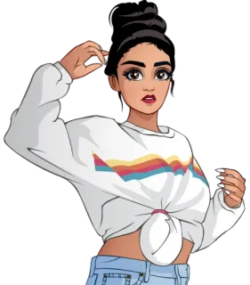 👱‍♀ mujer, dibujo animado, ilustración, persona, sticker, moño alto, vaqueros, camisa telegram sticker