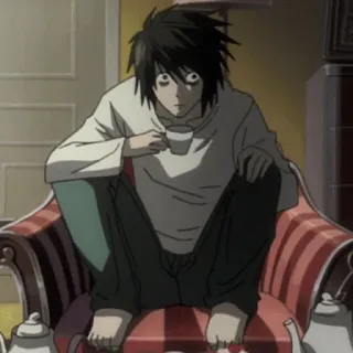 🍎 L Death Note Anime, Personagem, L, Death Note, Detetive, Sentado, Chá telegram sticker