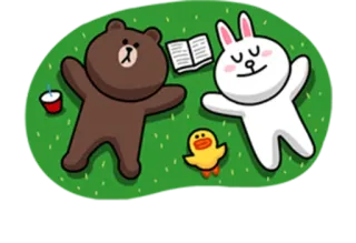 ☺️ Brown (Line Friends) медведь, кролик, утка, Line Friends, мультфильм, милый, друзья, чтение whatsapp sticker