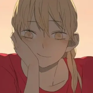 🤔 anime, kobieta, uśmiech, szczęśliwy, blond włosy telegram sticker
