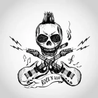🎶 ROCK 'N' ROLL หัวกะโหลก, ร็อกแอนด์โรล, ดนตรี, กีตาร์, พังก์, ศิลปะ, ภาพวาด telegram sticker