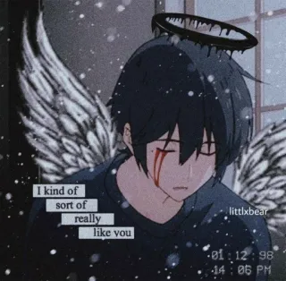 🌟 I kind of sort of really like you アニメ, 天使, 翼, 悲しい, 愛, 雪 whatsapp sticker