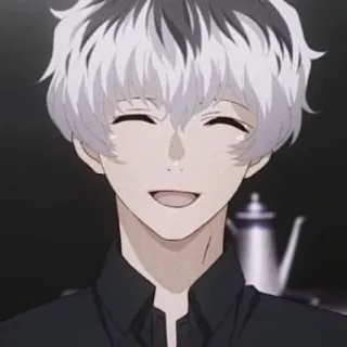 😁 Ken Kaneki Tokyo Ghoul Anime, Tokyo Ghoul, Ken Kaneki, lächelnd, weißes Haar, Anime-Charakter whatsapp sticker