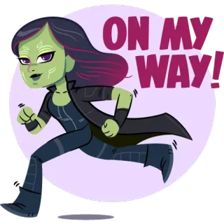 😛 Gamora ON MY WAY! Gamora, Marvel, karakter, berlari, jalan, ungu, hijau, aksi telegram sticker
