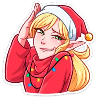 ☺️ elf, kerst, cartoon, meisje, kerstmuts, lichtjes, feestelijk, vakantie telegram sticker