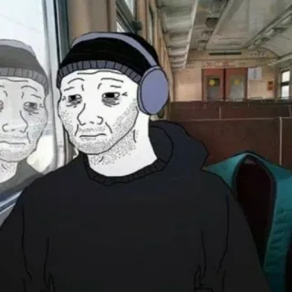 😔 Wojak, 밈, 슬픈, 우울한, 기차, 헤드폰 telegram sticker