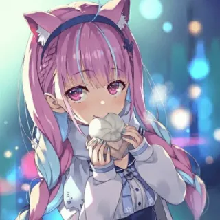 🔮 anime, gadis kucing, rambut merah muda, imut, makan, seni digital, ilustrasi telegram sticker