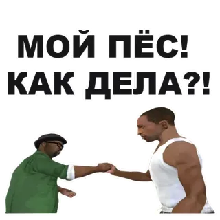🙎 Grand Theft Auto: San Andreas МОЙ ПЁС!
КАК ДЕЛА?! powitanie, postacie, gra wideo, rosyjski, gaming, przyjaźń telegram sticker