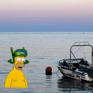😄 Homer Simpson The Simpsons ホーマー・シンプソン, ダイビング, シュノーケル, ボート, アニメキャラクター, 海, 水泳, 面白い telegram sticker