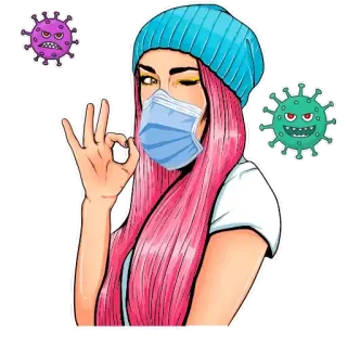 👍 woman, mask, coronavirus, pink hair, hat whatsapp sticker