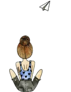 😊 ragazza, aeroplanino di carta, chignon, tatuaggio, pantaloncini, illustrazione telegram sticker