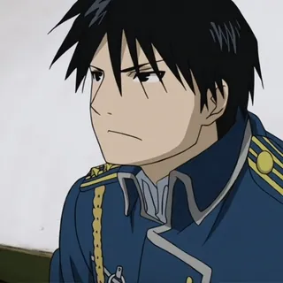💙 Roy Mustang Fullmetal Alchemist Roy Mustang, Fullmetal Alchemist, anime, thinking, plotting, serious, fingertips together, strategy telegram sticker