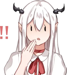 😨 !! fille anime, surpris, points d'exclamation, elfe, cornes de démon, mignon, choqué telegram sticker