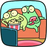 🍿 katak, menonton TV, popcorn, sofa, kartun, santai, hiburan whatsapp sticker