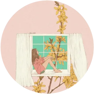 😌 Fenster, Mädchen, Blumen, Frühling, friedlich, entspannend, Illustration whatsapp sticker