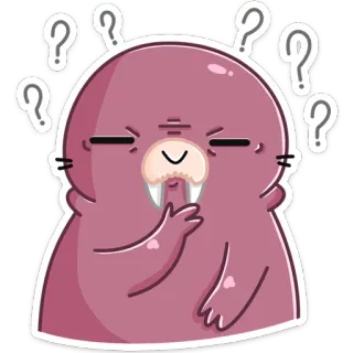 🤔 morsa, animal, dibujos animados, signos de interrogación, pensando, lindo, confundido telegram sticker