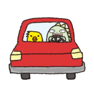 🎋 voiture, conduite, poulet, dinosaure, dessin animé, animal, véhicule, fun telegram sticker