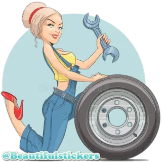 👩 @Beautifulstickers mecânico, mulher, pneu, chave inglesa, adesivo, automotivo telegram sticker
